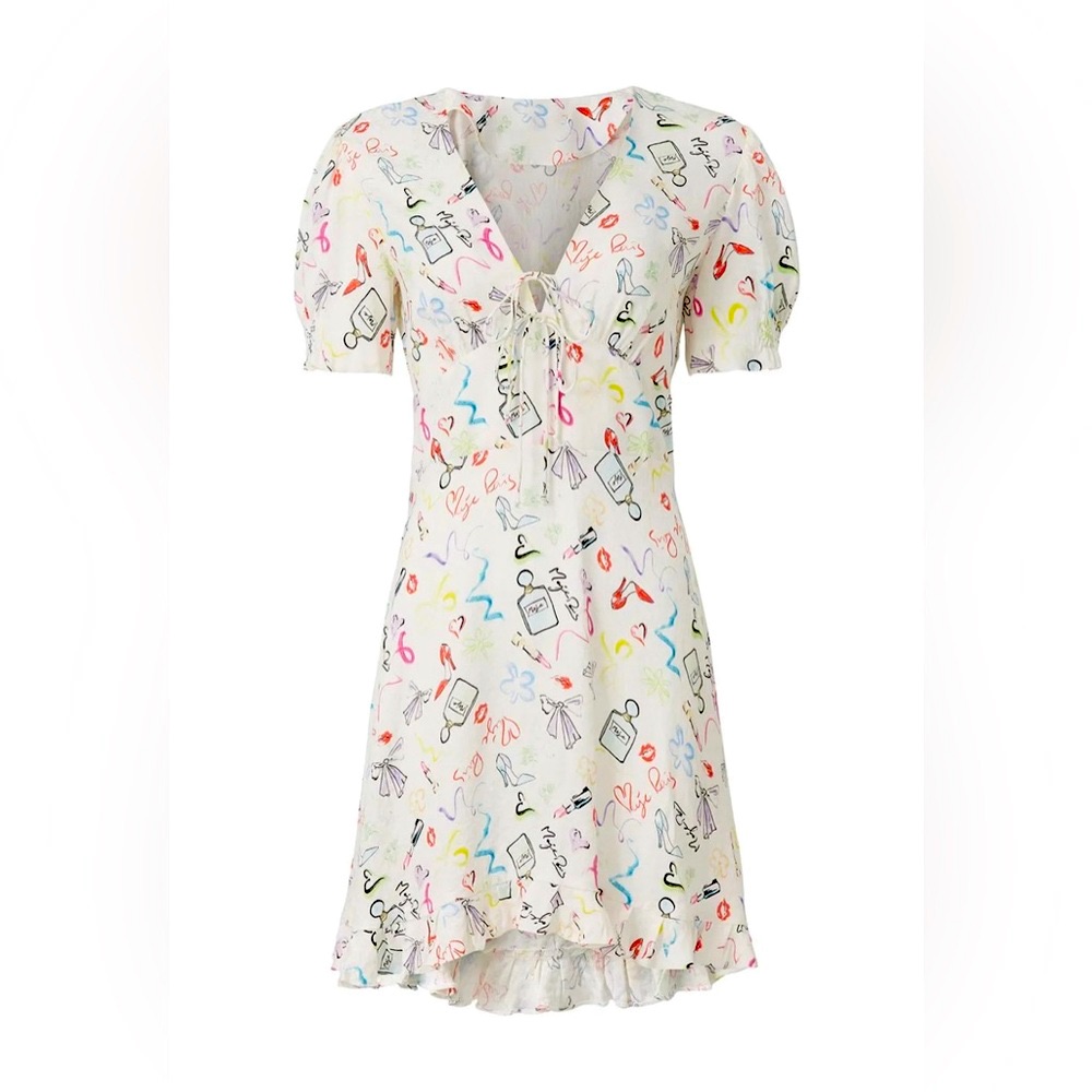 Maje Ramake White Printed V Neck Short Smocked Sleeve Mini Dress Size Small